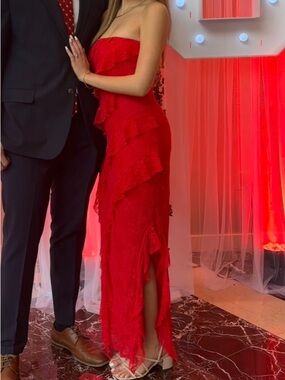 Red Strapless Ruffle Maxi Dress Zip up formal